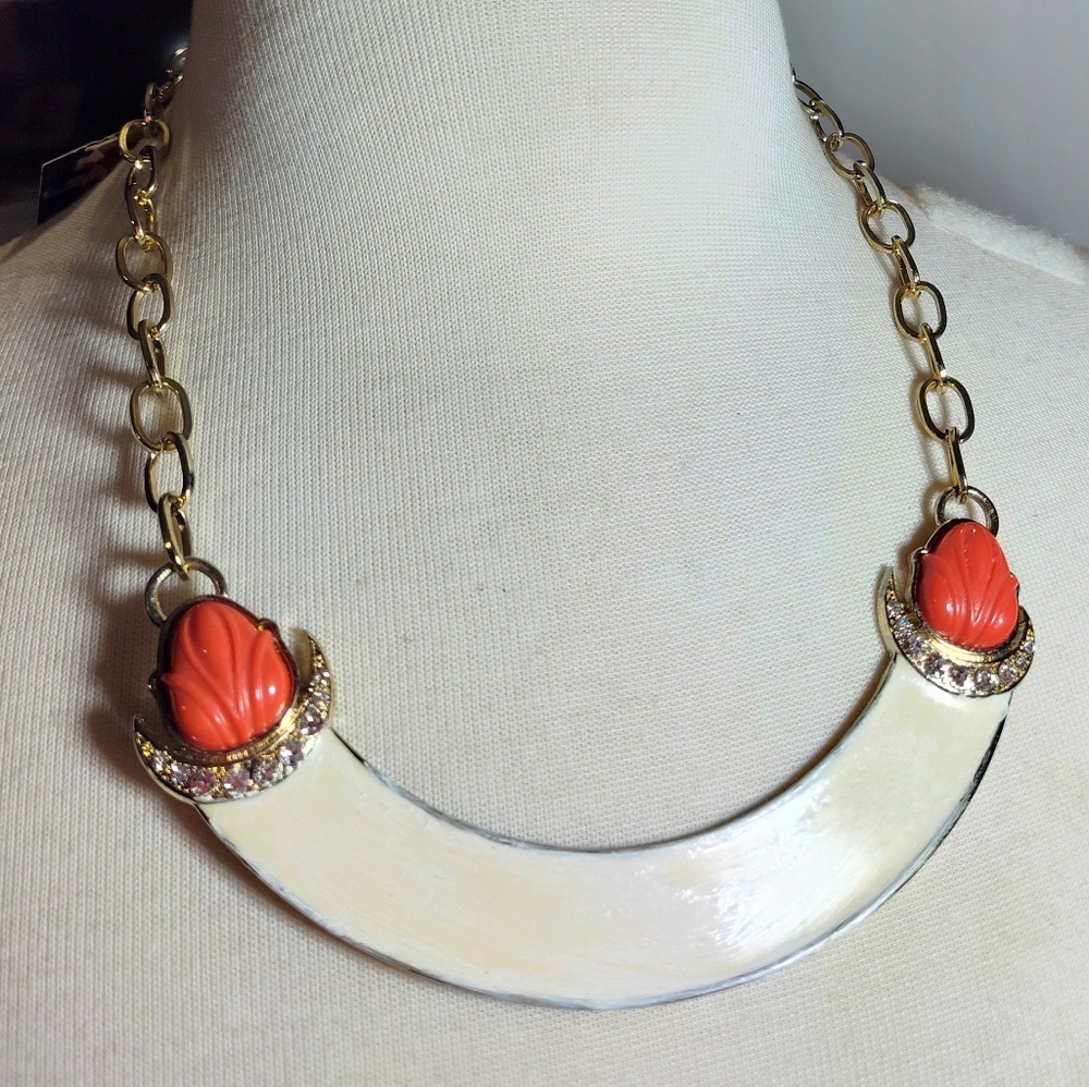 Gold and Cream Necklace with Orange  Coral Accents